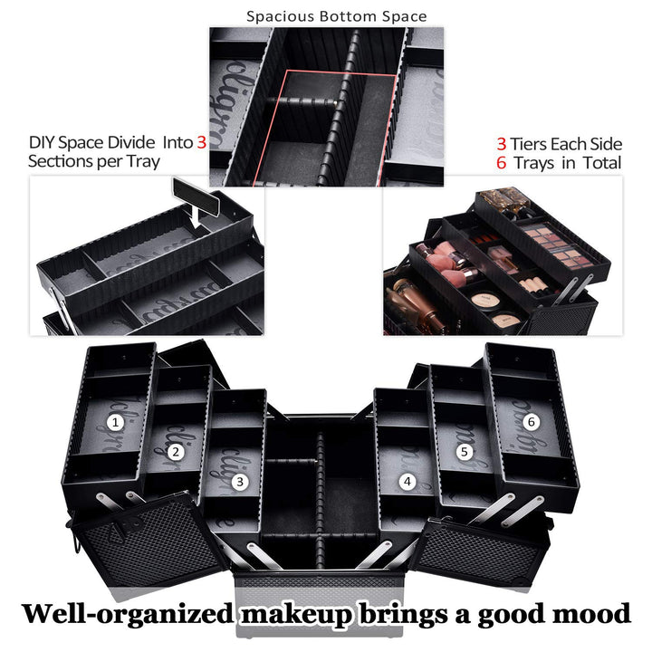 Makeup Train Case Professional Adjustable - 6 Trays Cosmetic Cases Makeup Storage Organizer Box with Lock and Compartments 14 Inch Large Black