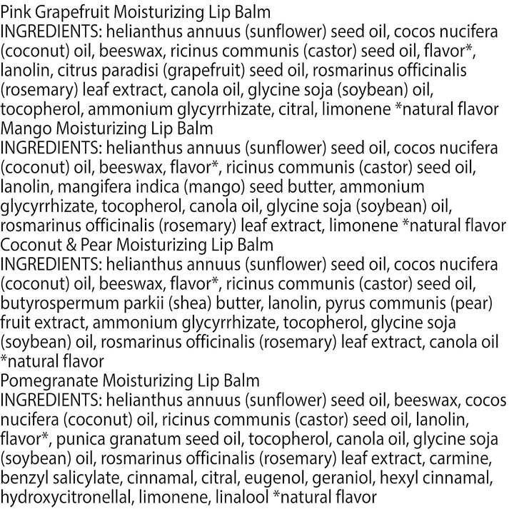 Lip Balm - Pink Grapefruit, Mango, Coconut & Pear, and Pomegranate Pack, Lip Moisturizer with Beeswax, Tint-Free, Natural Origin Conditioning Treatment, 4 Tubes, 0.15 Oz.