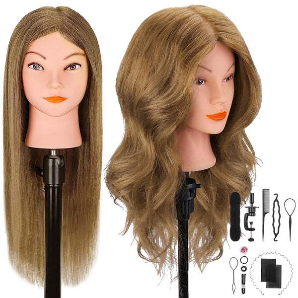 Mannequin Head with 100% Real Hair for Cosmetology,  18" Light Brown Hairdresser Training Head with Clamp Holder and Tool, Doll Head Mannequin Head for Hair Styling Practice