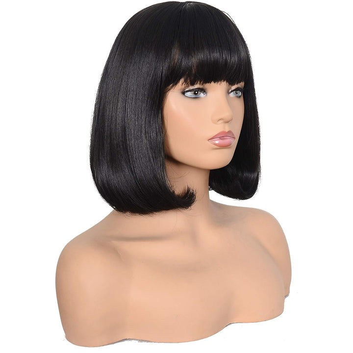 Short Straight Bob Wig Heat Resistant Hair with Blunt Bangs Natural Looking Cosplay Costume Daily Wigs (14", 2# Black)