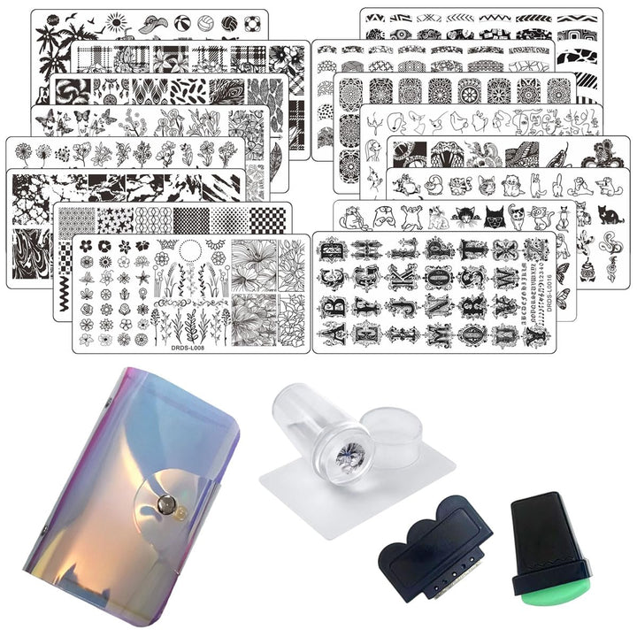 21 Pcs Nail Stamp Plates Set 16 Plate 2Stamper and 2 Scraper 1Storage Bag Nails Art Stamping Plate Scraper Stamper Set Leaves Flowers Animal Nail Plate Template Image Plate Set