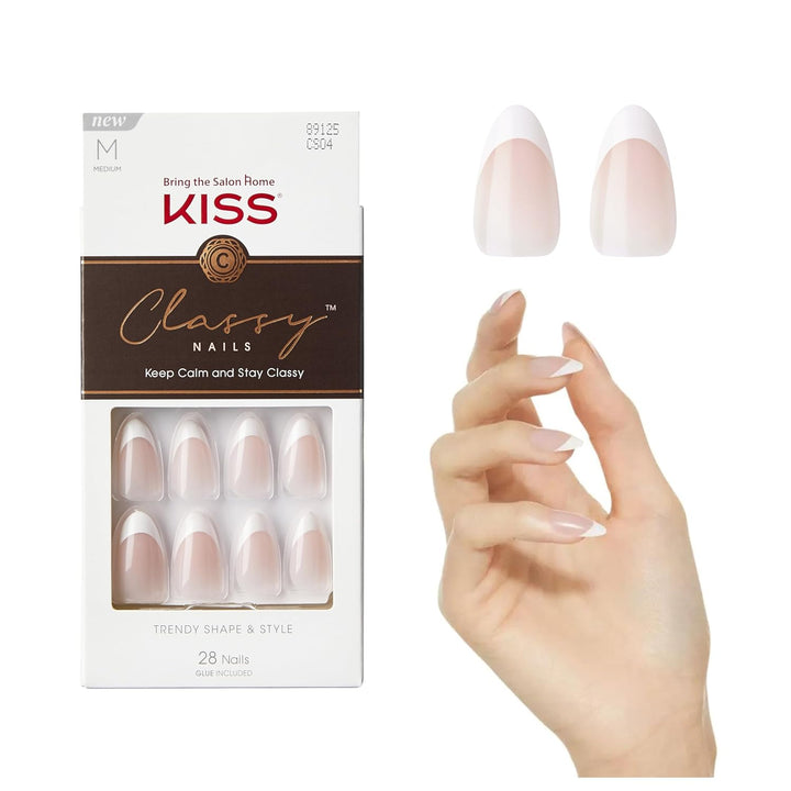 Classy, Press on Nails, Nail Glue Included, 'Dashing', Light White, Medium Size, Almond Shape, Includes 28 Nails, 2G Glue, 1 Manicure Stick, 1 Mini File