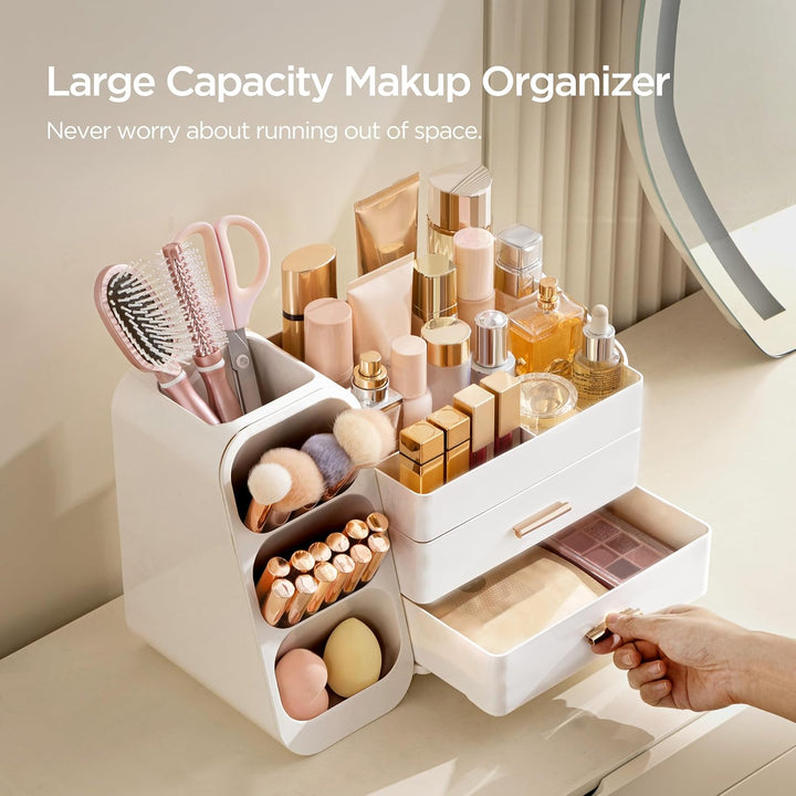 Makeup Organizer with Brush Holder for Vanity, Large Plastic Bathroom Countertop Organizer Skin Care Storage, Easy to Store Lipsticks, Nail Polishes, Perfumes, Eyeshadow Palettes, All White