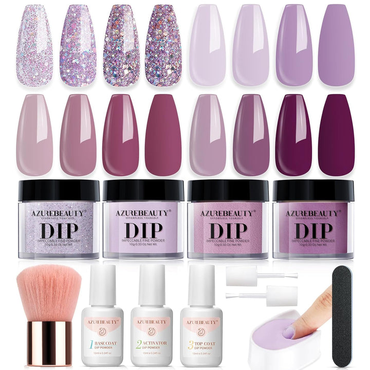 Dip Powder Nail Kit,4 Colors Nude Pink Glitter Hues,Starter Set for French Nails & All Seasons,Includes Base Coat, Top Coat, Activator & DIY Salon Liquids
