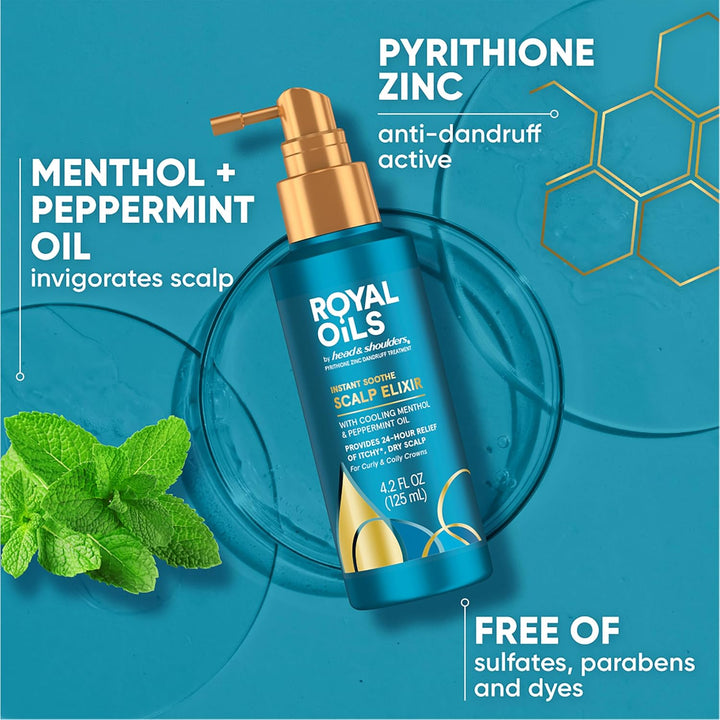 Royal Oils Scalp Elixir Treatment - Instant Soothe, Anti-Dandruff, Dry Scalp Relief & Hydration with Cooling Menthol & Peppermint Oil, 4.2 Fl Oz