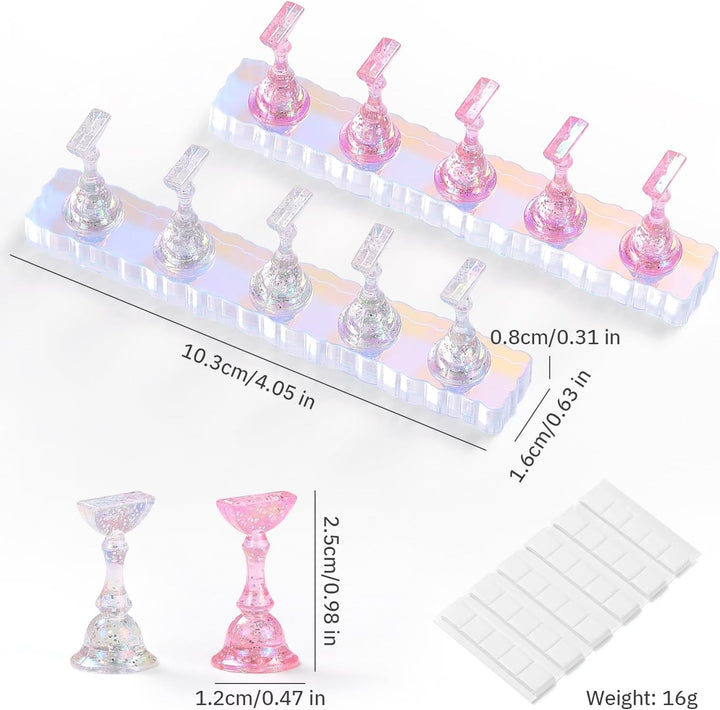 2 Set Nail Holder for Display Painting Nails - Aurora Acrylic Magnetic Practice Nail Stand Set - Fake Nail Holder for Press on Nails with Reusable Adhesive Putty (Aurora Pink)