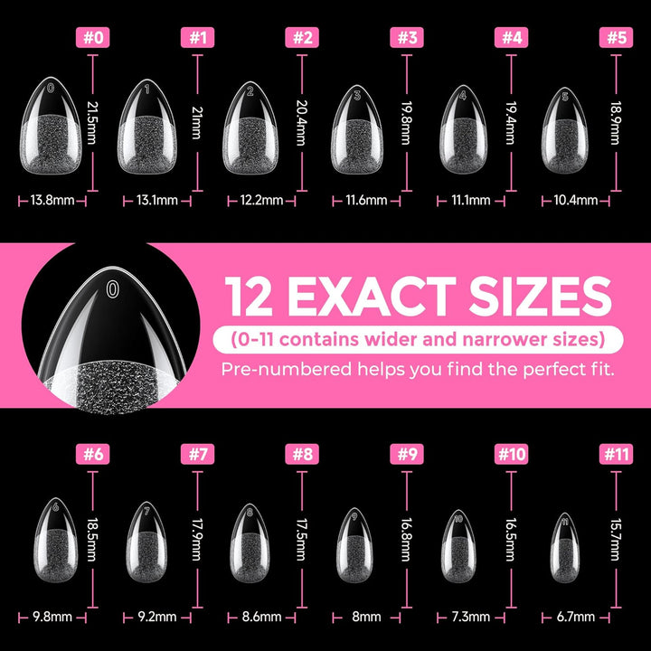 Short Almond Fake Nails 216Pcs Pre-Shape Gel Acrylic Nail Tips for Full Cover Nail Extension Home DIY Nail Salon 12 Sizes Gelly Tips