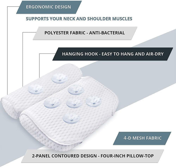 Bath Pillow, Bathtub Spa Pillow with 4D Air Mesh Technology and 7 Suction Cups, Helps Support Head, Back, Shoulder and Neck, Fits All Bathtub, Hot Tub and Home Spa [US. Patent Design]