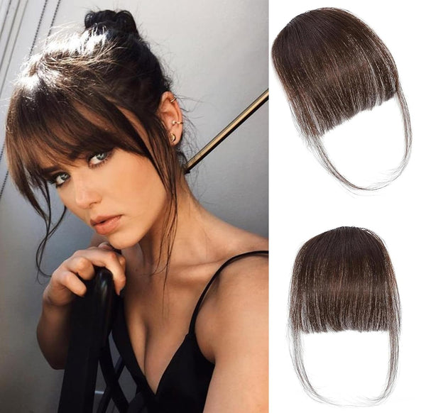 Clip in Bangs Real Human Hair Clip on Wispy Bangs Fringe with Temples Hairpieces Fake Front Bangs Extensions for Women Dark Brown Color