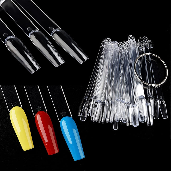 Nail Color Swatch Sticks with Ring, 150Pcs Ballerina Square Stiletto Clear Nail Tips, Nail Polish Display Sample Sticks, Practice Nail Tips, Nail Salon Supplies