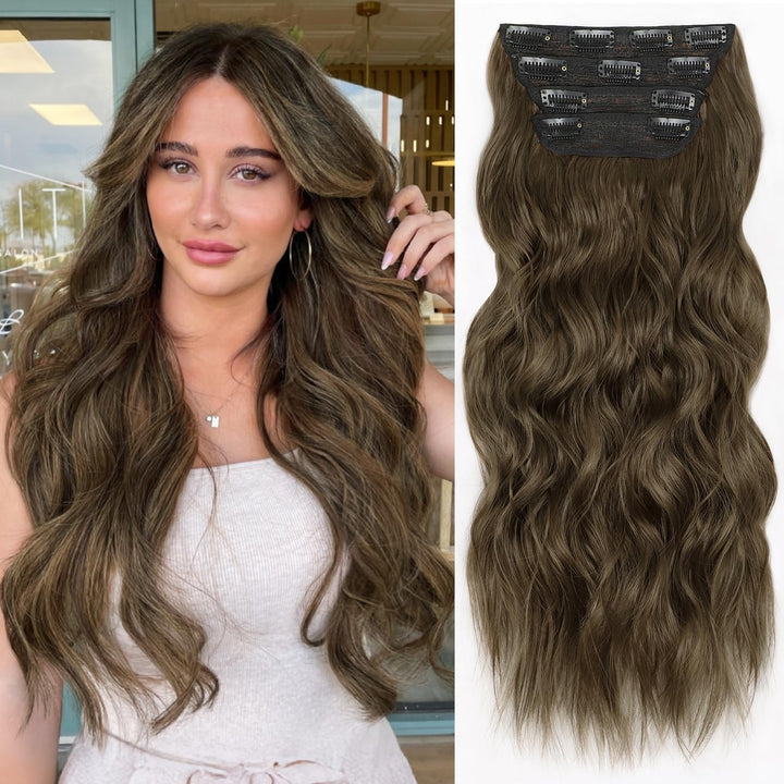 Clip in Long Wavy Synthetic Hair Extension 24 Inch Black 4PCS Thick Hairpieces Fiber Double Weft Hair for Women