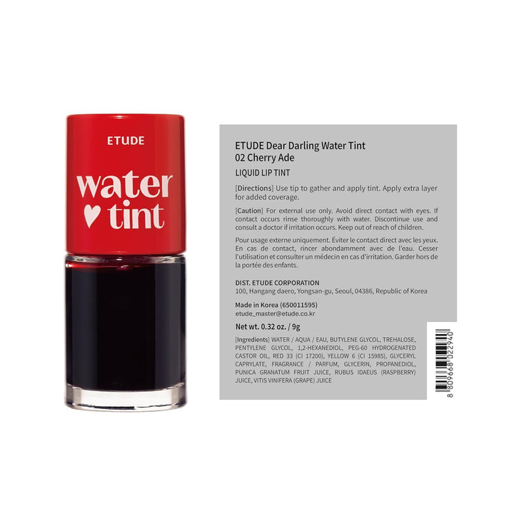 Dear Darling Water Tint - Cherry Ade (9G) | Vivid Color Lip Stain with Moisturizing Weightless & Non-Sticky Finish Lip Stain | Smudge-Proof Lip Tint | Korean Makeup, Kbeauty