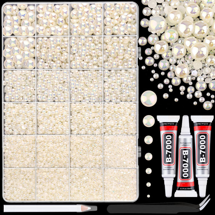 16500Pcs Flatback Pearls for Crafting (White), Assorted Size 2/3/4/5/6/8/10Mm Half Pearl with 3Pcs 10Ml B7000 Jewelry Glue, Bedazzling Kit for DIY Crafts Clothing Tumbler Shoes Embellishment Nail Art