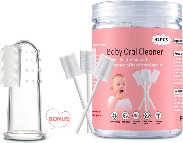 Baby Tongue Cleaner, 42Pcs Disposable Infant Toothbrush, Gauze Gum Cleaner Baby Oral Cleaning Stick Dental Care for 0-36 Months + Free 1 Finger Toothbrush