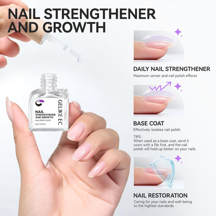 Nail Ridge Filler for Damaged Nails:  8 in 1 Nail Strengthener for Thin Nails and Growth - Protein Nail Ridge Filler with Top Coat Free