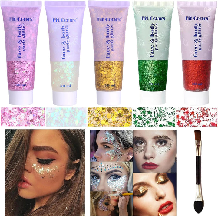 Body Glitter Face Glitter Gel: Singer Concerts Disco Festival Rave Accessories Face Glitter Makeup 150Ml Chunky Sequins Mermaid Face Body Hair Glitter Gel (White&Silver&Pink)