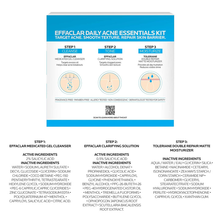 Effaclar Daily Acne Essentials Kit, Acne Treatment System, Salicylic Acid Acne Cleanser, Pore Refining Toner, & Matte Face Moisturizer for Oily Skin & Combination Skin, Oil-Free, 2 Month Supply