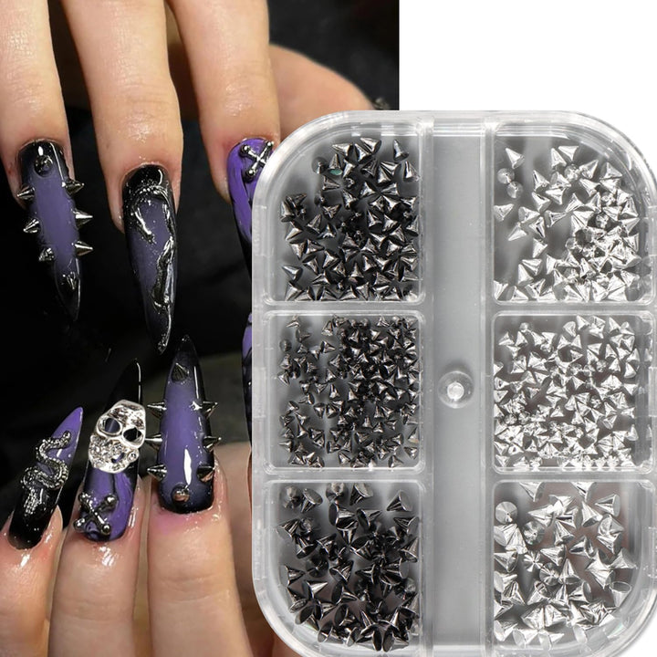 6 Grids Punk Bullet Rivet Nail Charm,3D Alloy Flat Bottomed Pointed Cone Mixed Black Silver Nail Art Rhinestones Studs DIY Crafts Nail Art Charm Spike Nails for Women DIY Nail Decoration Accessories