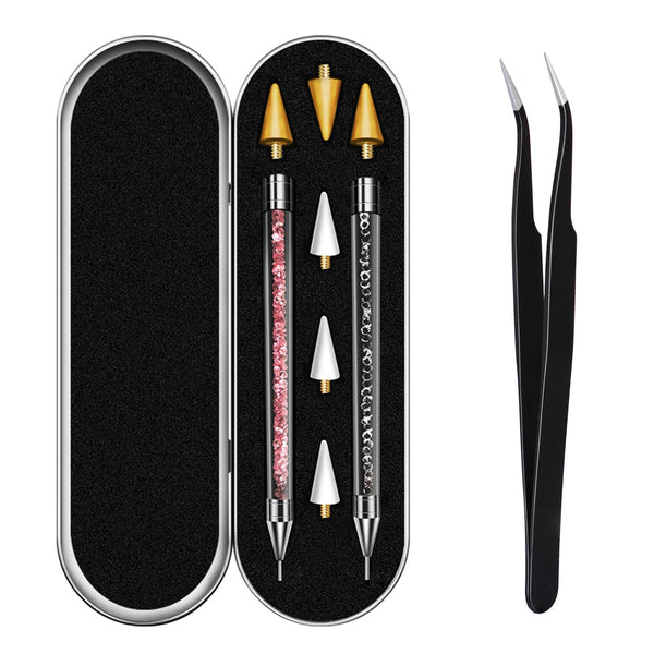 Rhinestone Picker Tool, Dual-Ended Rhinestones Applicator Nail Art Design Tool, 2 Pack Acrylic Handle Nail Pen with 4 Extra Wax Tips And1 Tweezer