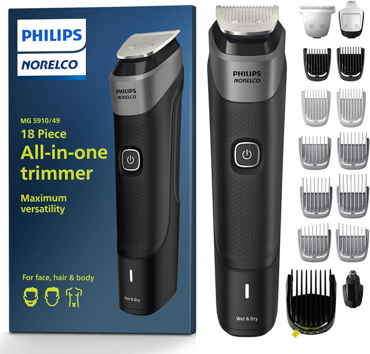 Multigroom Series 5000 18 Piece, Beard Face, Hair, Body and Intimate Hair Trimmer for Men - NO BLADE OIL MG5910/49