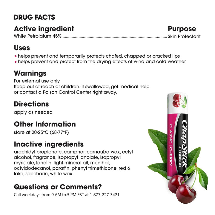 Classic Skin Protectant Flavored Lip Balm Tube, Cherry Flavor, 0.15 Ounce (Pack of 3)