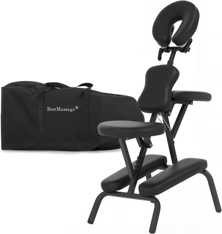 Portable Massage Chair – Foldable Tattoo & Spa Chair with Adjustable Face Cradle, High-Density Cushion, Lightweight Frame & Carry Bag, Black