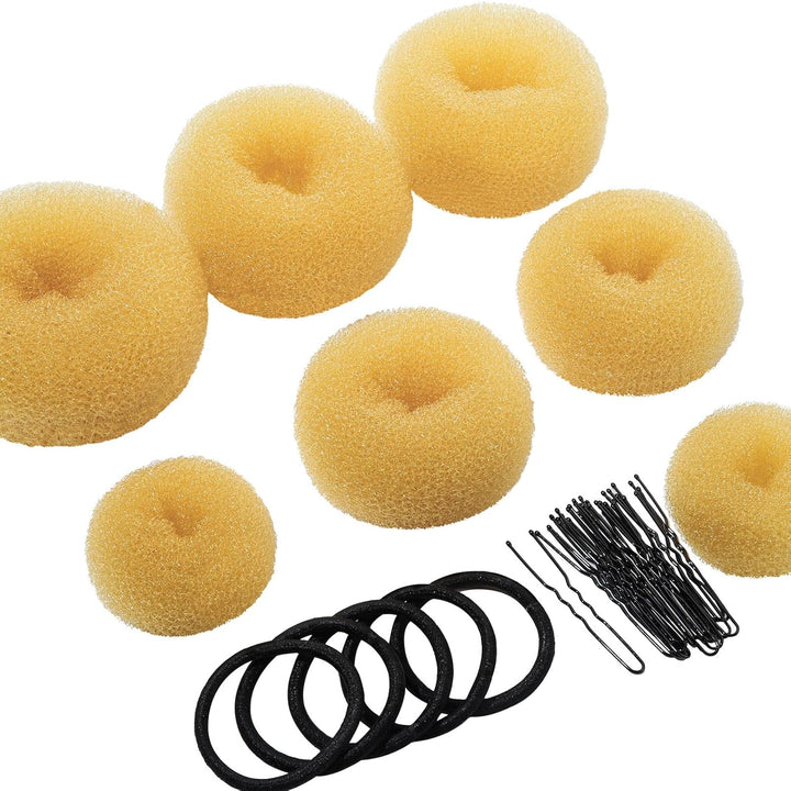 Donut Hair Bun Maker Set - 7 Rings (1 Extra-Large, 2 Large, 2 Medium, 2 Small), 5 Elastic Bands, 20 Hair Pins, Dark Brown
