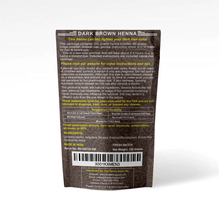 1 Pack of Dark Brown Henna Hair & Beard Color/Dye 150 Grams - Natural Hair Color, Plant-Based Hair Dye -