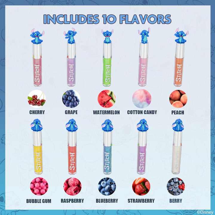 Disney Stitch 10 Piece Plant Based Lip Gloss, Girls Party Favors, First Makeup Set for Girl, Perfect for Parties, Sleepovers, and Birthday Gifts, Ages 3+, by