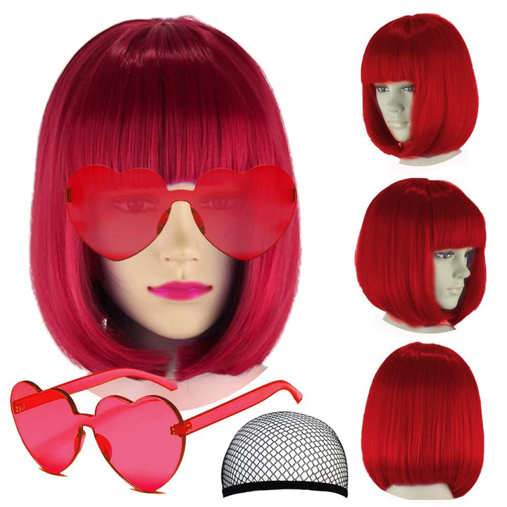 Short Bob Hair Wigs Straight with Flat Bangs Synthetic Colorful Cosplay Daily Party Neon Wig for Women + Free Wig Cap 14" Natural as Real