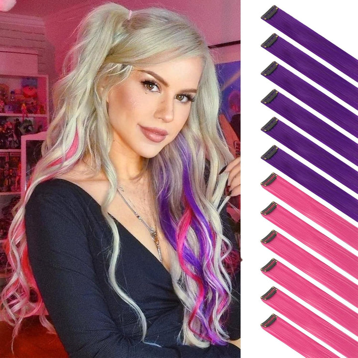 Colored Clip in Hair Extensions - 10 PCS Skyblue Light Blue Highlighted Hair Piece Straight Synthetic Clip in Hairpieces for Women 22 Inch