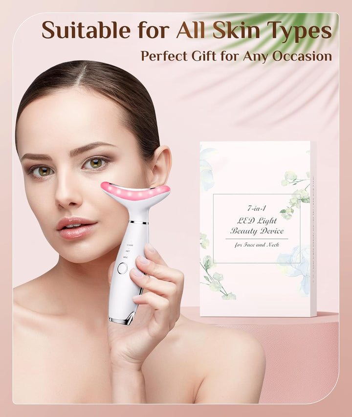 7 Color Galvanic Machines - Red Light Therapy for Face and Neck, Face Massager Tool for Wrinkles, Double Chin, Vibrating Facial Massager with Thermals, White