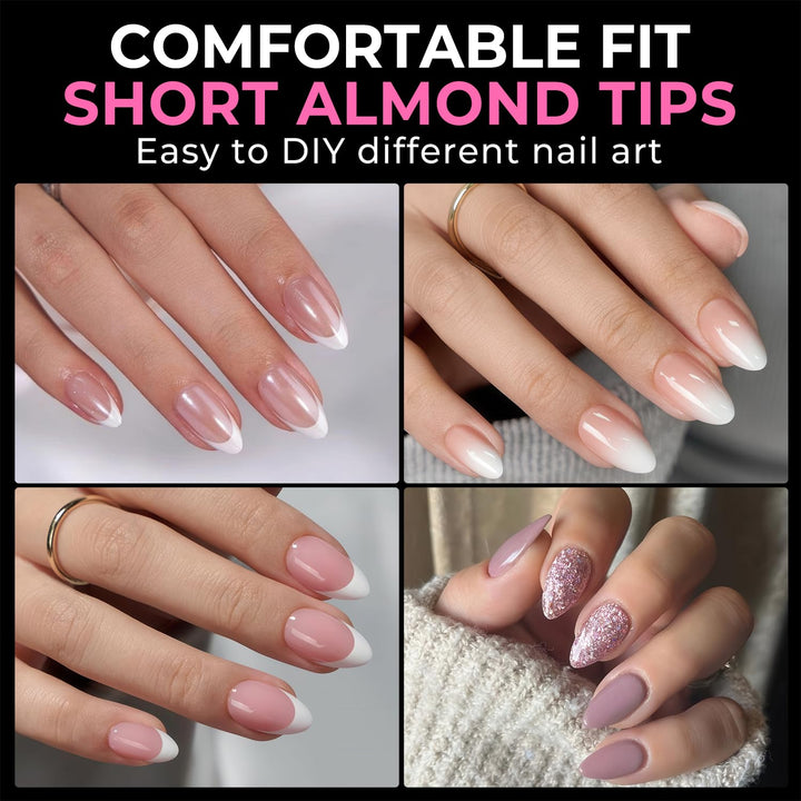 Short Almond Fake Nails 216Pcs Pre-Shape Gel Acrylic Nail Tips for Full Cover Nail Extension Home DIY Nail Salon 12 Sizes Gelly Tips