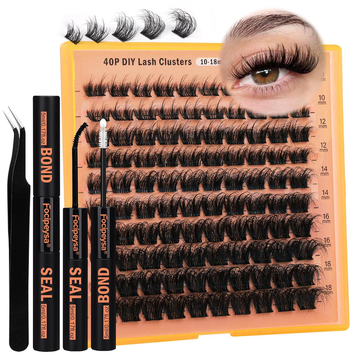 Lash Extension Kit Thick Eyelash Extension Kit 10-18Mm Fluffy Lash Clusters 200D Individual Eyelashes Kit with Lash Bond, Lash Remover, Lash Applicator, DIY Lashes Extension