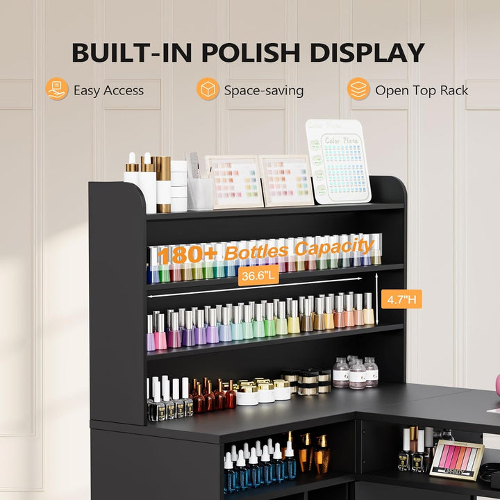 L Shaped Manicure Table with Dust Collector, 52" L Corner Nail Desk for Nail Techs, W/Polish Display Rack Arm Rest, Acetone Resistant Top, Drawer and Cabinet Storage, for Nail Salon (Black)