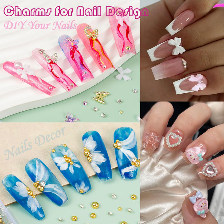 10000Pcs Nail Charms and Gems:Pink Cute Bow Heart 3D Flower Charms for Junk Cases Kit;Gold Chunky Butterfly Charms for Nails Design,Nail Jewels Diamond Rhinestones for Nails;Beads Pearls for Nails Art