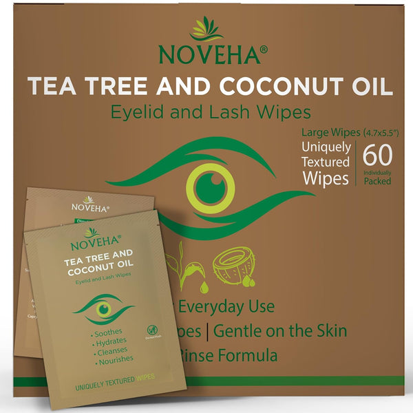 60Pcs Tea Tree & Coconut Oil Eyelid & Lash Wipes - for Demodex, Blepharitis & Itchy Eyes, Individually Wrapped Eyelash Wipes with Aloe Vera, Natural Makeup Remover & Daily Eye Cleanser