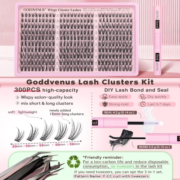Lash Clusters Kit Wispy Eyelash Clusters Lashes Natural DIY Lash Extension Kit 10-16Mm Cluster Eyelash Extensions Kit 300Pcs C Curl Individual Lashes Cluster Eyelash (No Tweezers)