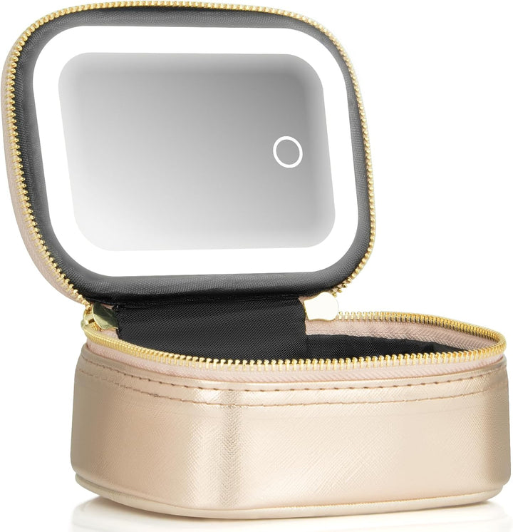 Small Makeup Bag with Led Mirror, Mini Travel Make up Bag 3 Light Modes Adjustable Brightness, for Women Organizer Cosmetic Bag, Portable Travel Train Toiletry Bag, for Pool Parties Work Touch-Ups