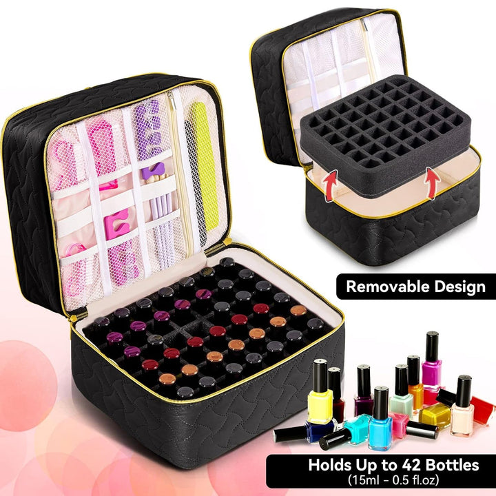 Nail Polish Organizer Case Holds 42 Bottles, Portable Double-Layer Nail Polish Storage Bag with Adjustable Dividers for Manicure Tools, Black