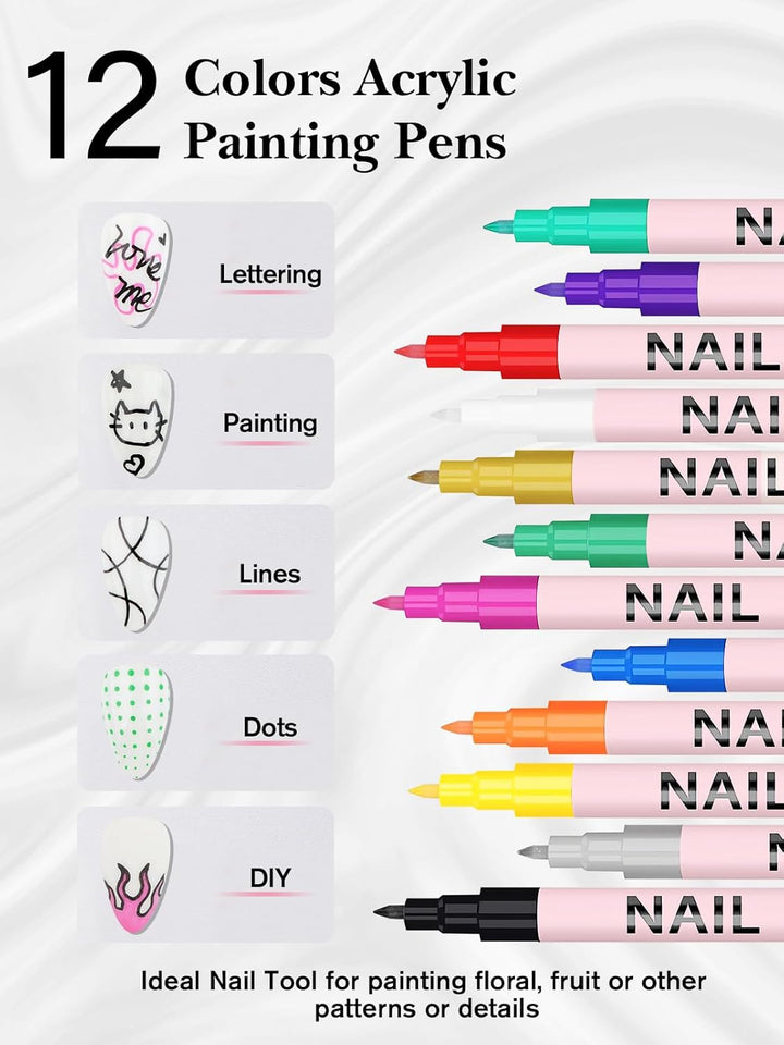 12 Colors Nail Art Pens Set, 3D 0.7MM Nail Polish Pens Quick-Drying Nail Art Acrylic Paint Nail Point Dotting Liner Pen Tools for Home & Salon Nail DIY