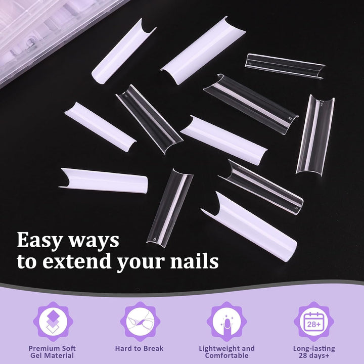 Fake Nail Tips White Clear:  No C Curve Tapered Square Nail Tips for Acrylic Nails - 480Pcs 12 Sizes Extra Long Straight Nail Extension Kit - with Glue Remover & Glue Acrylic Clippers Set