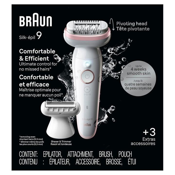 Epilator Silk-Épil 9, Hair Removal Device, Women Shaver & Trimmer, Pivoting Head, Wet and Dry Epilator, Includes Shaver Head and Trimmer Comb, SES9-030