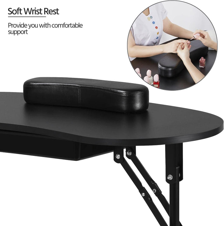 37-Inch Portable & Foldable Manicure Table Nail Desk Workstation with Large Drawer/Client Wrist Pad/Controllable Wheels/Carrying Case for Spa Beauty Salon Black