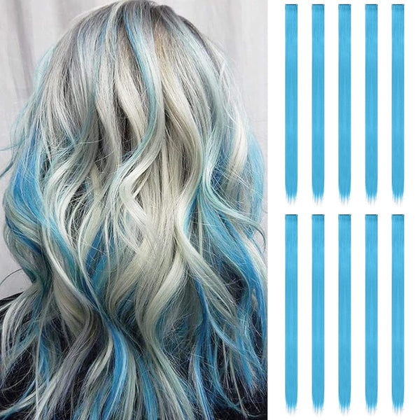 Colored Clip in Hair Extensions - 10 PCS Skyblue Light Blue Highlighted Hair Piece Straight Synthetic Clip in Hairpieces for Women 22 Inch