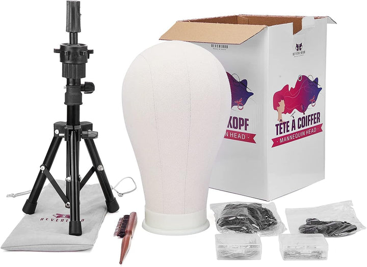 23 Inch Wig Head,Wig Stand Tripod with Head,Canvas Wig Head Stand with Mannequin Head for Wigs,Manikin Head Block Set for Wigs Making Display with Wig Caps,T Pins Set,Bristle Brush