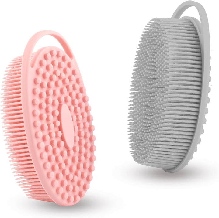 Soft Silicone Body Scrubber 2 PCS Silicone Body Shower, Silicone Loofah 2 in 1 Bath and Shampoo Brush, Body Scrubber Shower Cleaning Exfoliating Use for Sensitive Skin, Lather Well(Black and Pink)