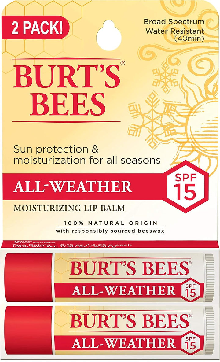 All Weather SPF 15 Lip Balm, Water-Resistant Lip Moisturizer, Tint-Free, Natural Conditioning Treatment, 2 Tubes, 0.15 Oz.