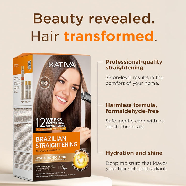 Brazilian Straightening Kit, 12 Weeks of Home Use Professional Straightening, with Organic Argan Oil, Shea Butter, Keratin & Amino Acids, for Straighter, Softer and Shinier Hair, All Hair Types