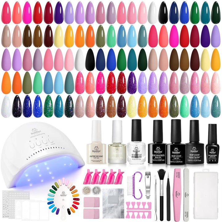 Beetles Gel Nail Polish Kit with U V Light -54 Pcs Gel Nail Kit Four Seasons Glow 32 Colors Set with Base Matte & Glossy Top Coat Soak off Home DIY Manicure Nails Beginners Gifts for Women Teen Girls